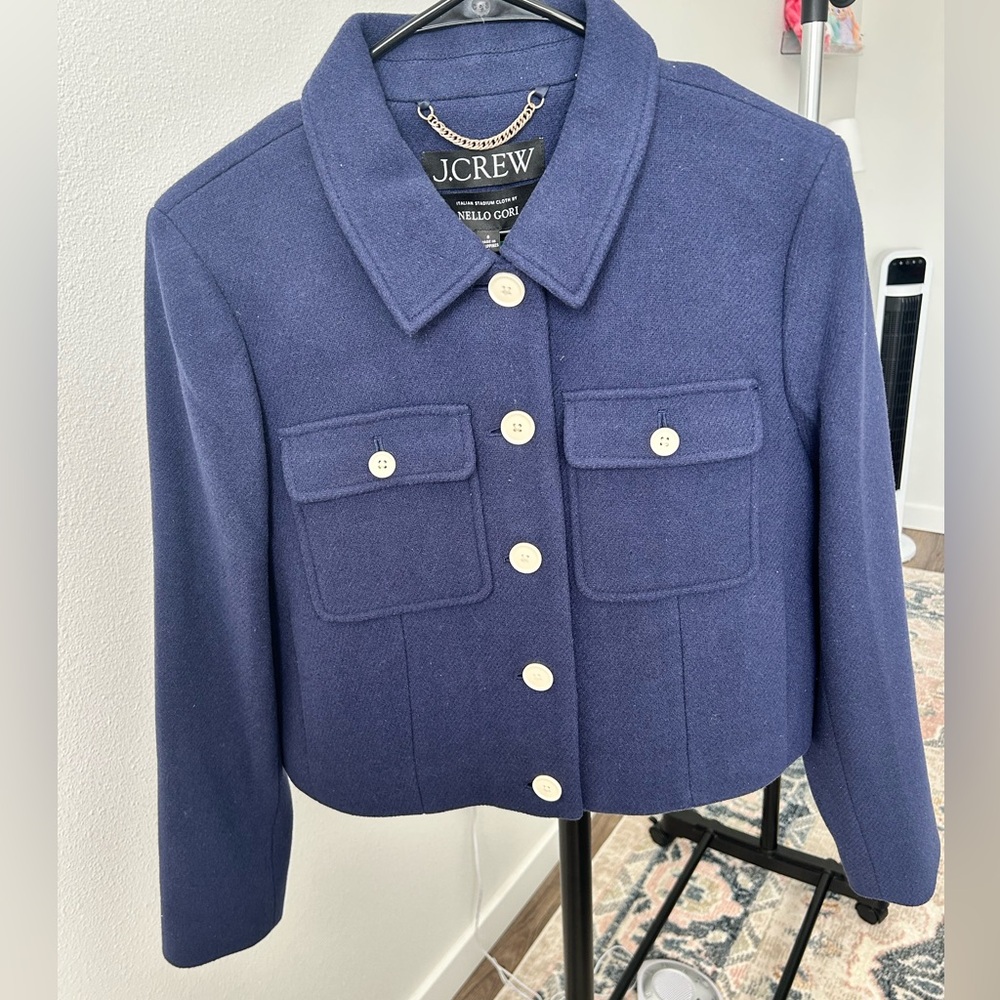J. Crew Navy Cropped Button-Front Wool Jacket